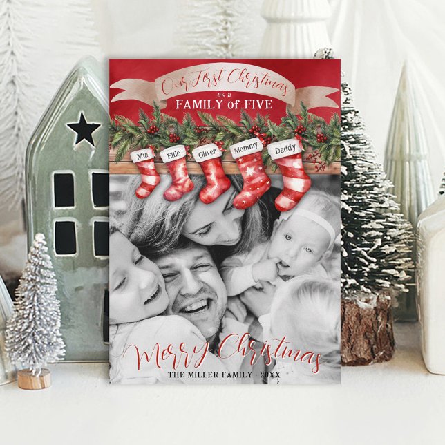 Familj med fem julklappar Photo Baby First Julkort (Personalized 5 stocking names 1st Christmas as a family of five black & white photo Merry Christmas)