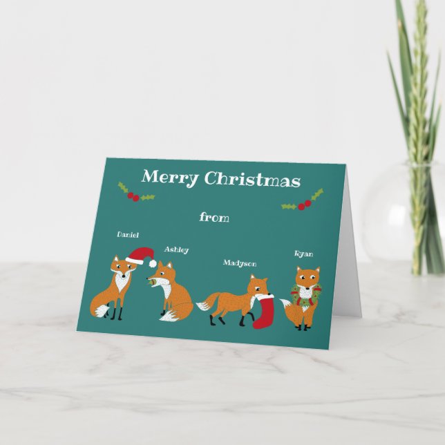 Familj med fyra Festive Foxes Personlig jul Helgkort (Framsida)