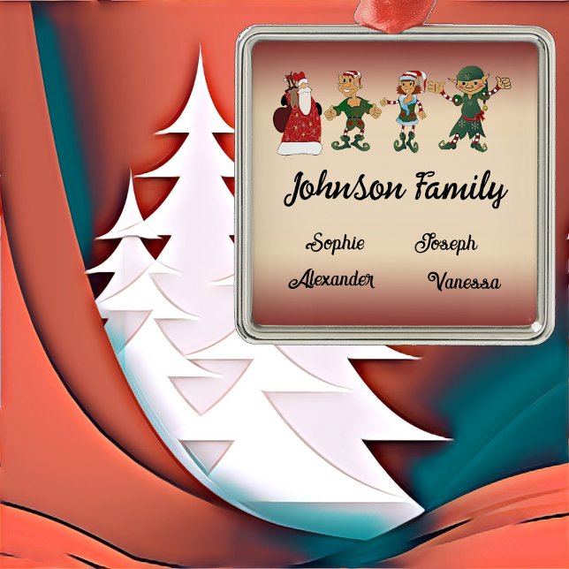 Familj med fyra ledamöter Julmagi Elves Santa Julgransprydnad Metall (Family of 4 Members Christmas Magic Elves Santa Metal Ornament)