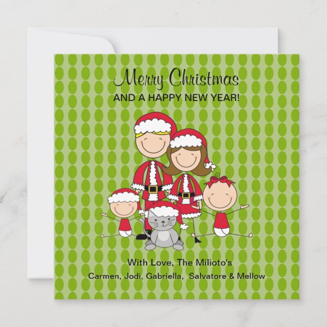 Familj med fyra med Cat Stick figurer-julkort Julkort (Framsida)
