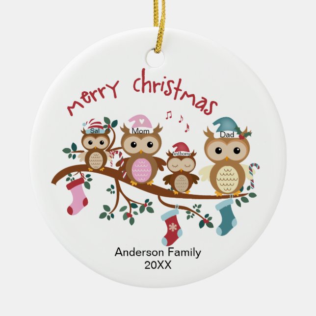 Familj med fyra Uggla-julafton Julgransprydnad Keramik (Framsidan)
