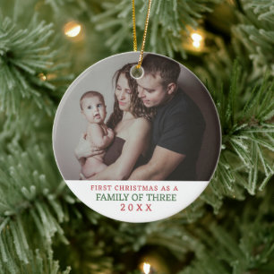 Familj med tre första julfoto julgransprydnad keramik