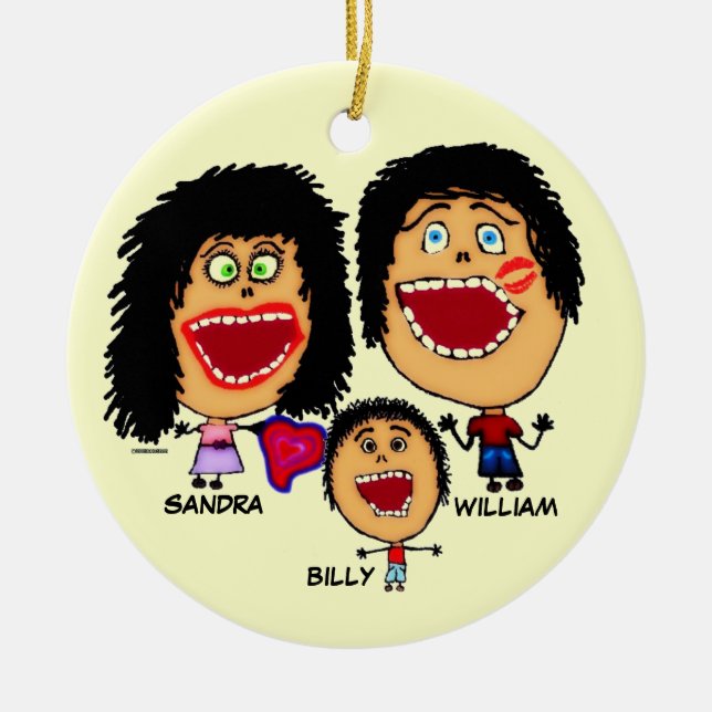 Familj med tre Tecknader Julgransprydnad Keramik (Framsidan)