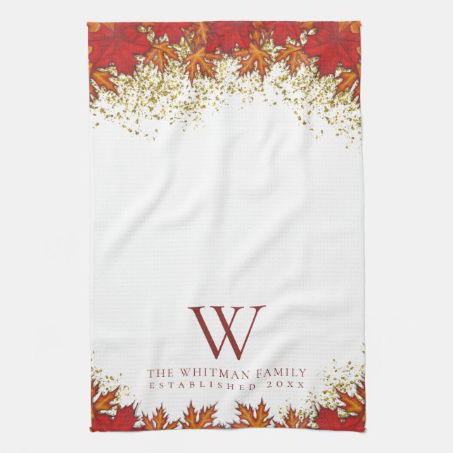 Familj Monogram Elegant Höstlöv Köket Kökshandduk (Vertikal)