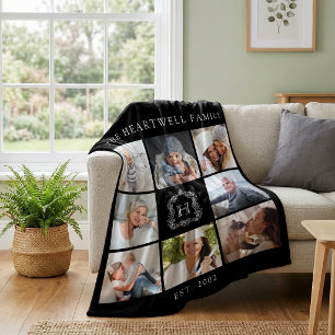 Familj Monogram vapen 8 Foto Collage Svart Vitt Fleecefilt