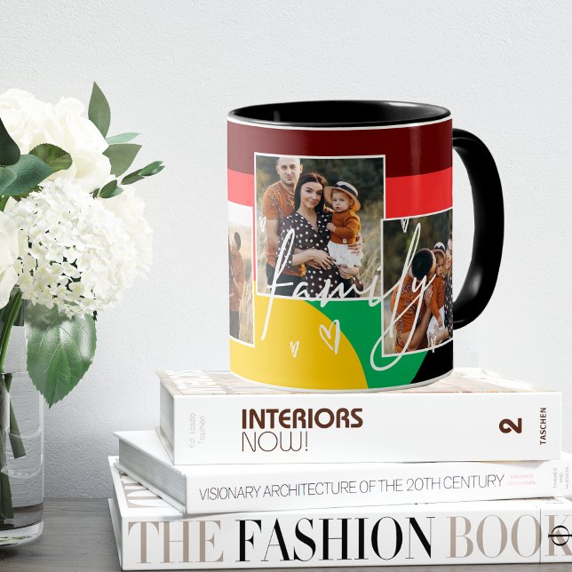 Familj Multi Foto Collage Hjärtmanus Kaffe  Mugg (Family Multi Photo Collage Heart Script Coffee Mug)