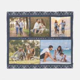 Familj Namn 5 Photo Collage Blue Play Modern Fleecefilt