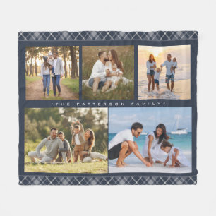 Familj Namn 5 Photo Collage Blue Play Modern Fleecefilt