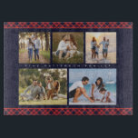 Familj Namn 5 Photo Collage Red Play Modern<br><div class="desc">Namn 5 Photo Collage Red Play Modern Cining Board har en fotokollage av fem av dina favoritfoton med personlig-familjen namn i ett elegant-vitt skript på en röd plaid-bakgrund. Anpassa genom att redigera texten i textrutorna. Perfekt för födelsedag, jul, Mors dag, Fars dag, mor- och farföräldrar, syster, bror, kusiner, bästa vänner...</div>