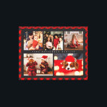 Familj Namn 5 Photo Collage Red Play Modern Canvastryck<br><div class="desc">Det moderna Kanvastrycket Family Namn 5 Photo Collage Red Play har ett fotokollage av fem av dina favoritfoton med personligen namn i ett elegant-vitt skript på en röd plaid-bakgrund. Anpassa genom att redigera texten i textrutorna. Perfekt för födelsedag, jul, Mors dag, Fars dag, mor- och farföräldrar, syster, bror, kusiner, bästa...</div>
