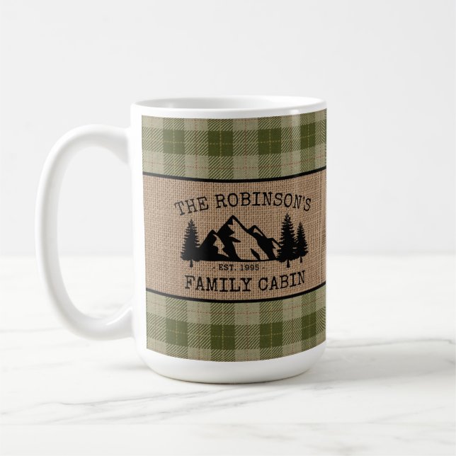 Familj Namn Cabin Träd Sage Pput Burlap Large Kaffemugg (Vänster)