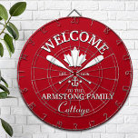 Familj Namn | Canadian Maple Löv Anpassningsbar Darttavla<br><div class="desc">Toppens roligt "Välkommen till stugan i sjö",  skräddarsydd bräda med en patriotisk kanadensisk mönsterkarta i löv med korsade öron och ett ankare. Byt namn,  året och namn på semesterresan (strandhus,  stuga,  sommarhus osv.) för att göra detta till en underbart unik gåva.</div>