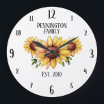 Familj Namn och år Etablerade rosenblommor Stor Klocka<br><div class="desc">Watercolor Solrosillustration av Valarie Wade. Familjens namn text och est. Datum är alla anpassaden.</div>