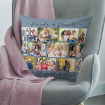 Familj- och vänskapsoffert 12 Photo Collage Blue Kudde<br><div class="desc">Skapa en egen fotokudde med 12 av dina favoritfoton. Eleganten har ett handskrivet citattecken med texten "Familj & freds gör perfekten blandad" och du kan redigera det om du vill. Fotomallen är utformad så att du kan lägga till din egen bilder, som är placerad i ett modernt murverk. Den här...</div>