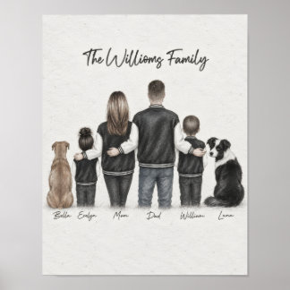 Familj på fyra och två hundar Grafitporträtt Affis Poster