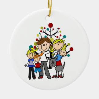 Familj Pappa Mamma Flicka Pojke Bebis Grå Hund Julgransprydnad Keramik
