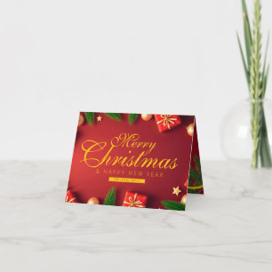 Familj Röd och Guld Jul med Träd Ribba Tack Kort