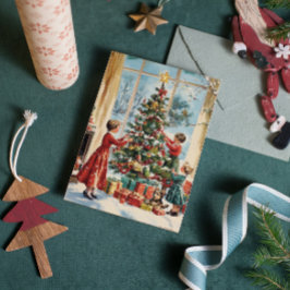 Familj som dekorerar Vintagen Träd Retro jul Julkort