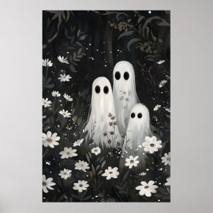 Familj söta spöken i blommiga skogar tryck, spöke poster