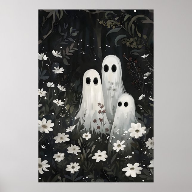 Familj söta spöken i blommiga skogar tryck, spöke poster (Framsidan)