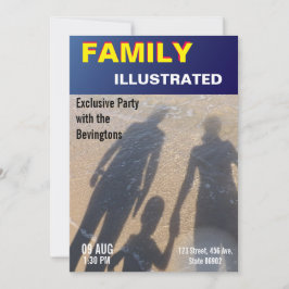 Familj strandfest fejknyheter fejktidskriftsomslag inbjudningar