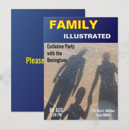 Familj strandfest fejknyheter fejktidskriftsomslag inbjudningar