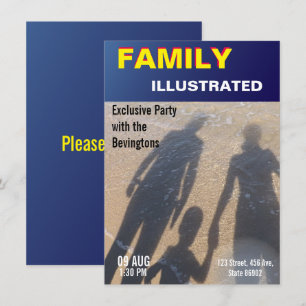 Familj strandfest fejknyheter fejktidskriftsomslag inbjudningar