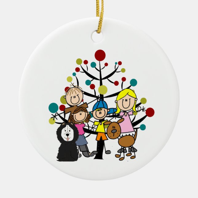 Familj Två Hundar med Träd Julgransprydnad Keramik (Framsidan)