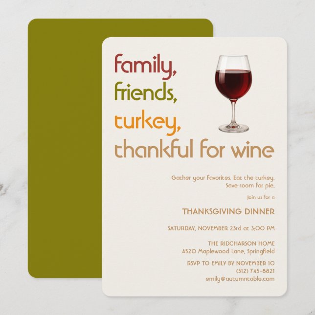 Familj, vänner, kalkon, vin Modern Thanksgiving Inbjudningar (Fram/baksida)