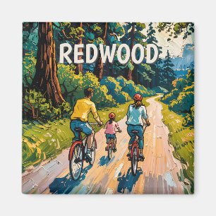 Familjcykling i Redwood National Park Färgrik Magnet