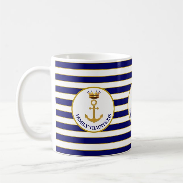 Familjeankor och Krona på Blue & White Stripe Kaffemugg (Vänster)