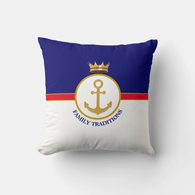 Familjeankor och Krona på marinblått och vitt Kudde (Framsida)