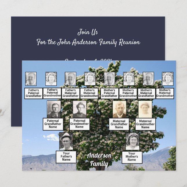 Familjeåterförening 3 Generation Träd med blommor Inbjudningar (Fram/baksida)