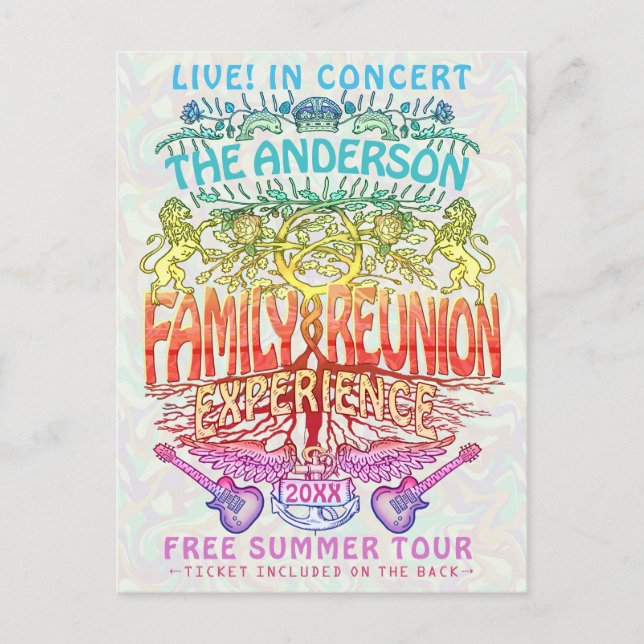 Familjeåterförening Band-konsert Biljett Neon Retr Vykort (Framsida)