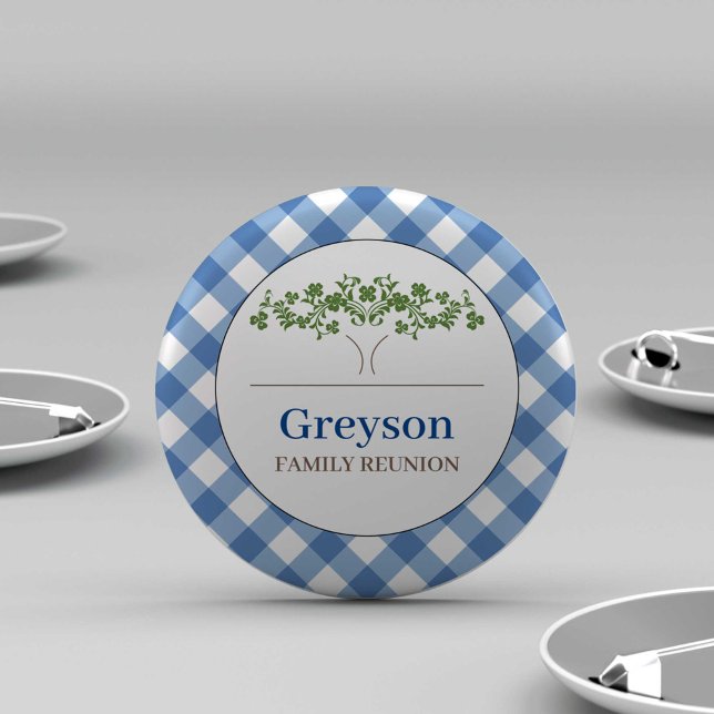 Familjeåterförening Buttons Blue Gingham Theme Knapp (personalized family reunion buttons blue gingham print with tree and custom text.)