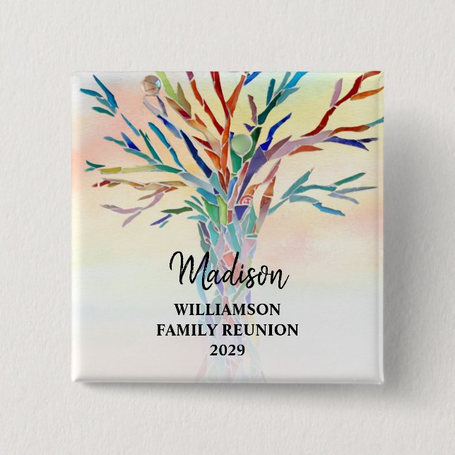 Familjeåterförening Färgfyllt familjenamn Träd ege Knapp (Framsida)