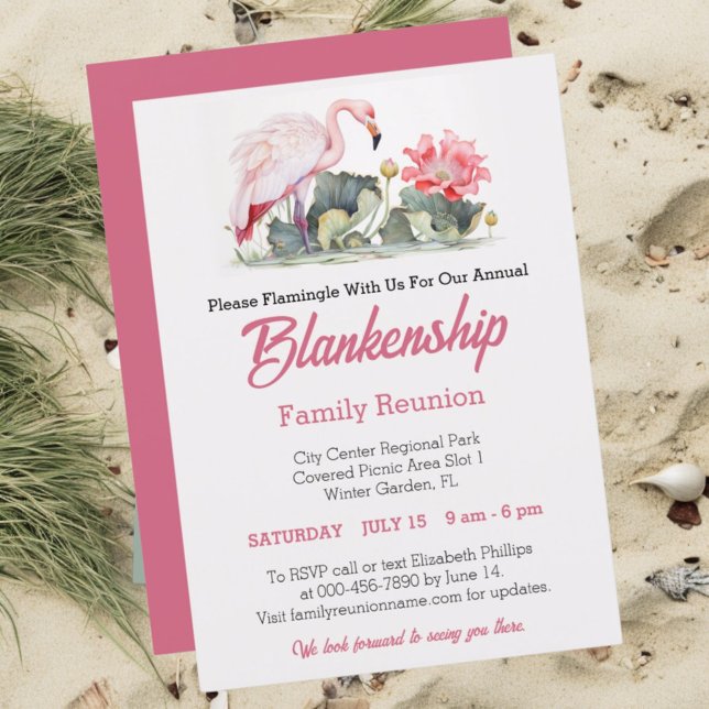 Familjeåterförening Flamingo Art One Day Event Anp Inbjudningar (Front tropical family reunion template with pink back)