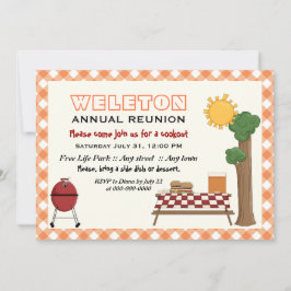 Familjeåterförening för BBQ-cookout, orange gingha Inbjudningar