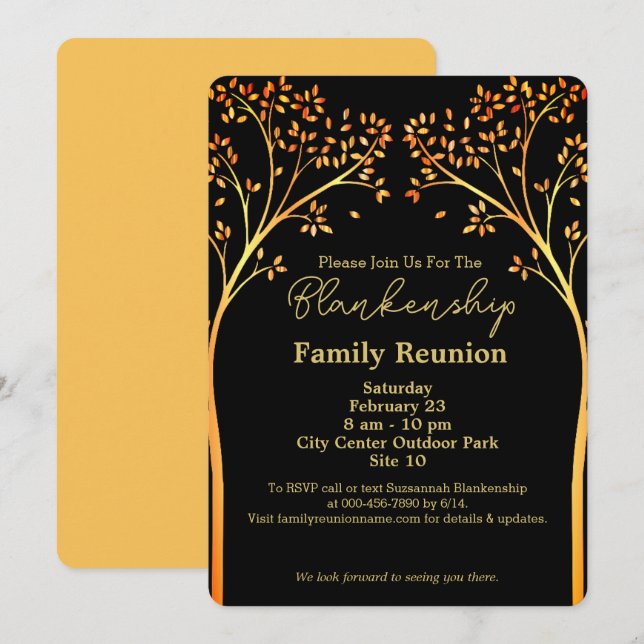 Familjeåterförening för Golden Orange Träd Inbjudningar (Fram/baksida)