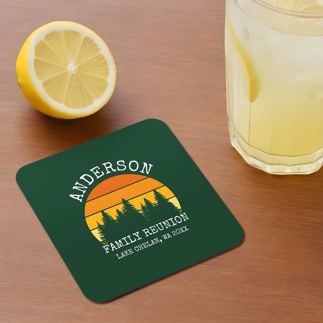 Familjeåterförening Gräs Träd Sunset Grönt Underlägg Papper Kvadrat (Customize to change text size or text style.)