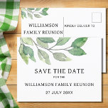 Familjeåterförening Greenery Spara datum Meddelande Vykort<br><div class="desc">Skicka spara-date-information för familjeåterförening med de här snyggtarna-vykorten. De är dekorerade med en modern, minimalistisk bladdesign i gröntens nyans. Enkelt anpassade. Det finns också samordningsinbjudningar till återförening och party i min butik. Använda Verktyg i Design om du vill ändra texten storlekt, stil eller färg. Eftersom vi skapar vår teckning kommer...</div>