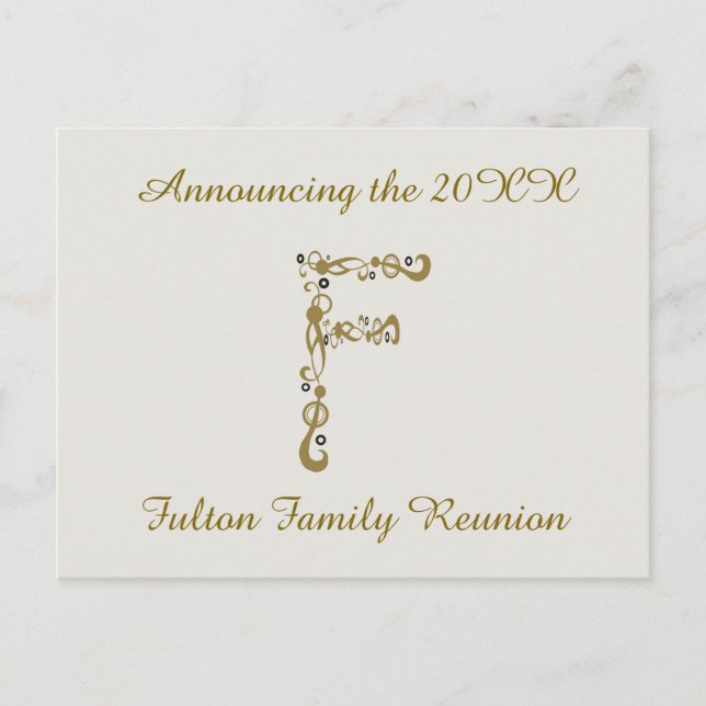 Familjeåterförening Guld Brev F Monogram-inbjudan Vykort (Framsida)
