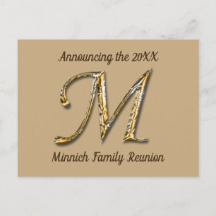 Familjeåterförening Guld Brev M Monogram-inbjudan Vykort
