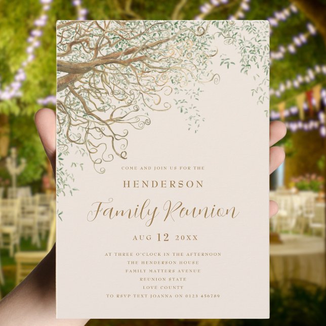 Familjeåterförening i Träd Inbjudningar (Family tree family reunion summer party invitation Elegant modern script beige and brown)