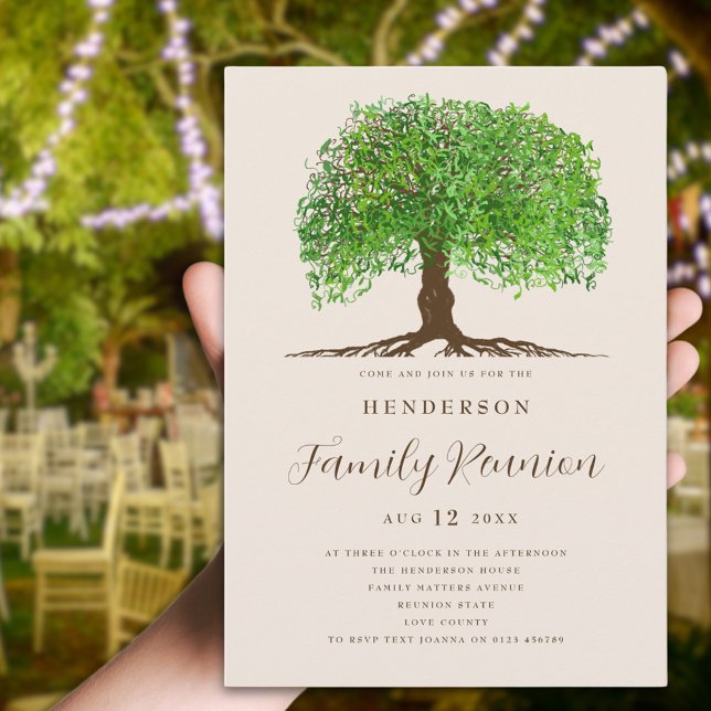 Familjeåterförening i Träd Inbjudningar (Watercolor Tree with roots and leaves family reunion invitation modern elegant script )