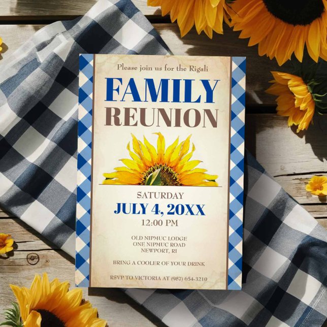 Familjeåterförening Inbjudan, Solros, Familjebild Inbjudningar (Family reunion invitations feature sunflower and blue gingham print. )