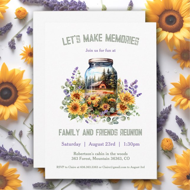 Familjeåterförening - inbjudan till solblommor i l (Family Reunion Sunflowers Lavender Invitation)