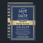 Familjeåterförening Modern Elegant Navy Blue Guld  Spara Datumet<br><div class="desc">Inbjudan-släktingar för att rädda datumet för en familjeåterförening, picknick, Bq eller party med denna elegant moderna marinblått, vitt och faux guld-folie. All text är enkel att anpassa. Utformningen har en guld-gräns med faux-övertäckning av band, snyggt vintage art deco-inspirerad typografi och chic-skriptcalligrafi. Den här mallen har konfigurerats för en familj party,...</div>