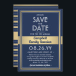 Familjeåterförening Modern Elegant Navy Blue Guld  Spara Datumet<br><div class="desc">Inbjudan-släktingar för att rädda datumet för en familjeåterförening, picknick, Bq eller party med denna elegant moderna marinblått, vitt och faux guld-folie. All text är enkel att anpassa. Utformningen har en guld-gräns med faux-övertäckning av band, snyggt vintage art deco-inspirerad typografi och chic-skriptcalligrafi. Den här mallen har konfigurerats för en familj party,...</div>