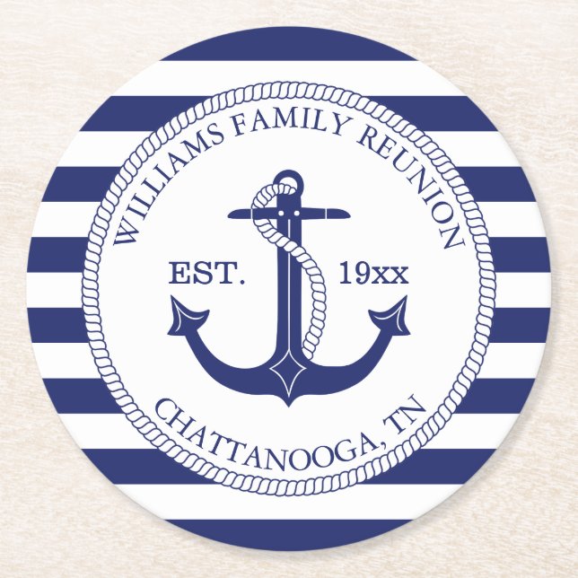Familjeåterförening Nautical Anchor Monogram Underlägg Papper Rund (Framsidan)